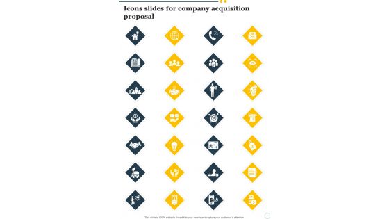 Icons Slides For Company Acquisition Proposal One Pager Sample Example Document Icons Slides For Company Acquisition Proposal One Pager Sample Example Document