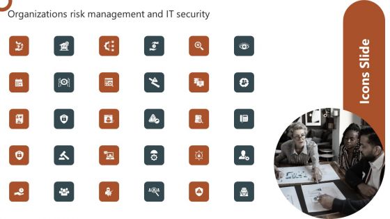 Icons Slides Organizations Risk Management And IT Security Template PDF