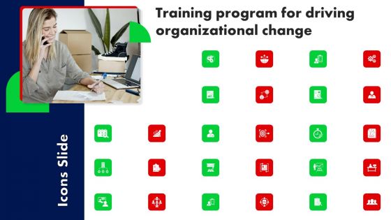 Icons Training Program For Driving Organizational Change Ppt PowerPoint Presentation Diagram Graph Charts PDF