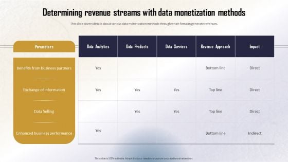 Identifying Direct And Indirect Determining Revenue Streams With Data Monetization Clipart PDF