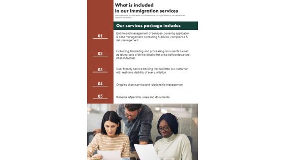 Immigration Consultant Company Business What Is Included In Our Immigration Services One Pager Sample Example Document Immigration Consultant Company Business What Is Included In Our Immigration Services One Pager Sample Example Document