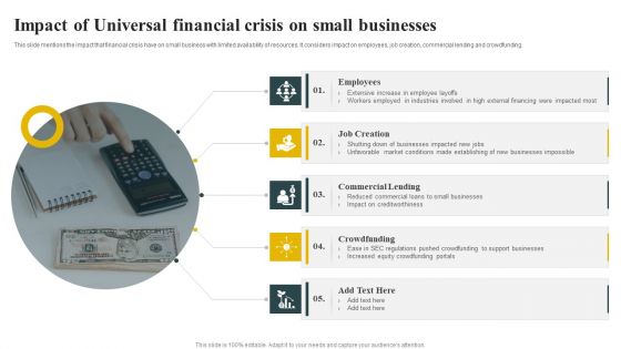 Impact Of Universal Financial Crisis On Small Businesses Icons PDF