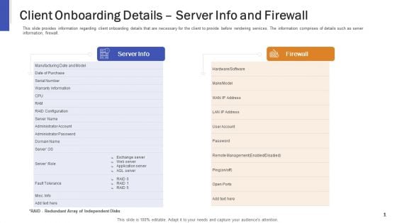 Impeccable Information Technology Facility Client Onboarding Details Server Info And Firewall Sample PDF