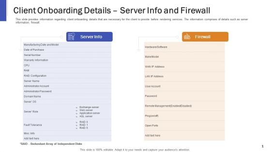 Impeccable Information Technology Facility Client Onboarding Details Server Info And Firewall Sample PDF