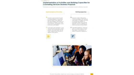 Implementation Activities Building Counseling Services Business Proposal One Pager Sample Example Document Implementation Activities Building Counseling Services Business Proposal One Pager Sample Example Document