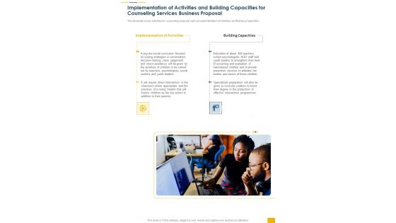 Implementation Activities Building Counseling Services Business Proposal One Pager Sample Example Document