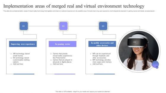 Implementation Areas Of Merged Real And Virtual Environment Technology Infographics PDF