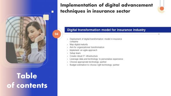 Implementation Of Digital Advancement Techniques In Insurance Sector Tables Of Content Designs PDF