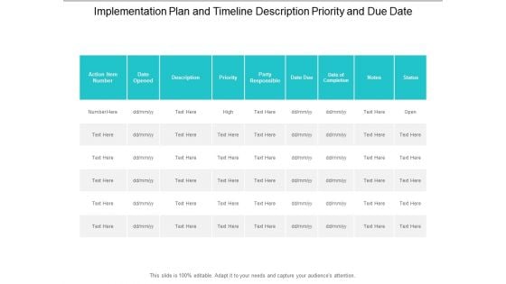 Implementation Plan And Timeline Description Priority And Due Date Ppt Powerpoint Presentation Model Graphics Download