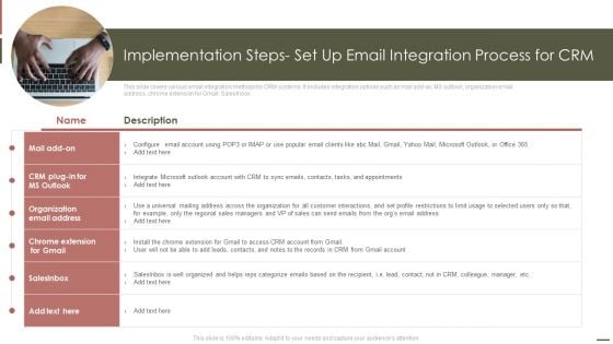 Implementation Steps Set Up Email Integration Process For CRM Portrait PDF