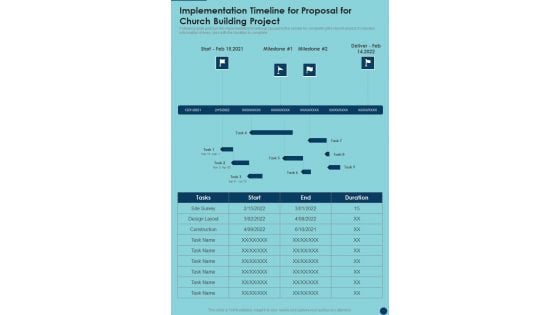 Implementation Timeline For Proposal For Church Building Project One Pager Sample Example Document Implementation Timeline For Proposal For Church Building Project One Pager Sample Example Document