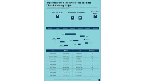 Implementation Timeline For Proposal For Church Building Project One Pager Sample Example Document