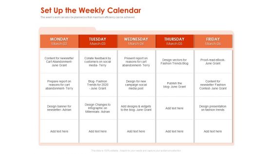 Implementing Agile Marketing In Your Organization Set Up The Weekly Calendar Ppt Pictures Outline PDF Implementing Agile Marketing In Your Organization Set Up The Weekly Calendar Ppt Pictures Outline PDF