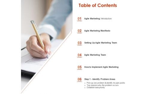 Implementing Agile Marketing In Your Organization Table Of Contents Ppt Infographics Layout PDF