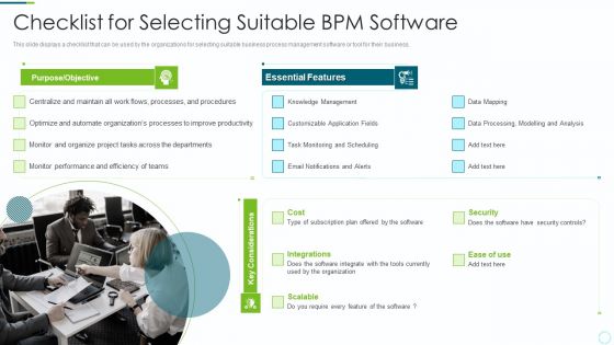 Implementing BPM Techniques Checklist For Selecting Suitable Bpm Software Diagrams PDF