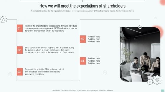 Implementing BPM Tool To Enhance Operational Efficiency How We Will Meet The Expectations Of Shareholders Portrait PDF