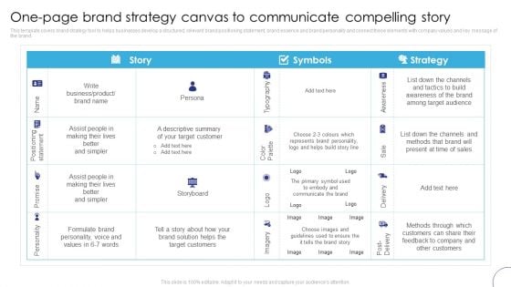 Implementing Brand Leadership One Page Brand Strategy Canvas To Communicate Elements PDF