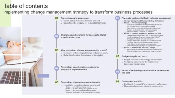 Implementing Change Management Strategy To Transform Business Processes Table Of Contents Icons PDF