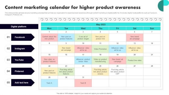 Implementing Client Onboarding Process Content Marketing Calendar For Higher Product Awareness Professional PDF