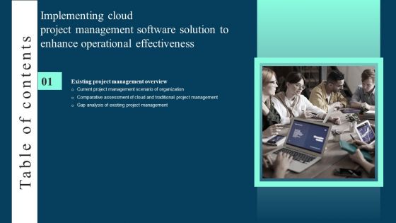 Implementing Cloud Project Management Software Solution Enhance Operational Effectiveness Table Of Contents Infographics PDF