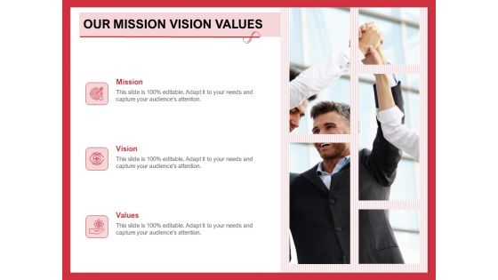 Implementing Compelling Marketing Channel Our Mission Vision Values Ppt PowerPoint Presentation File Visual Aids PDF