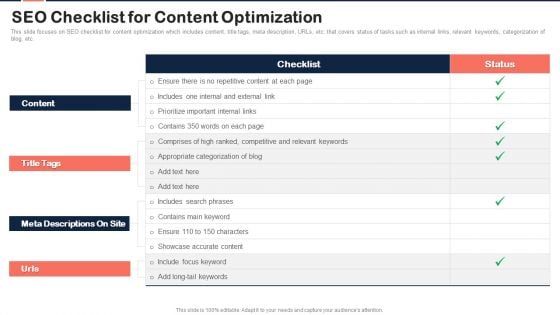 Implementing Content Marketing Plan To Nurture Leads SEO Checklist For Content Optimization Structure PDF