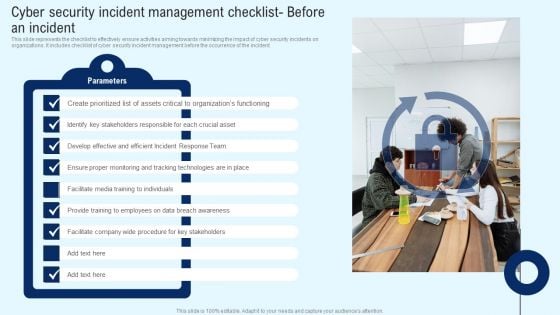 Implementing Cyber Security Incident Cyber Security Incident Checklist Before An Incident Infographics PDF Implementing Cyber Security Incident Cyber Security Incident Checklist Before An Incident Infographics PDF