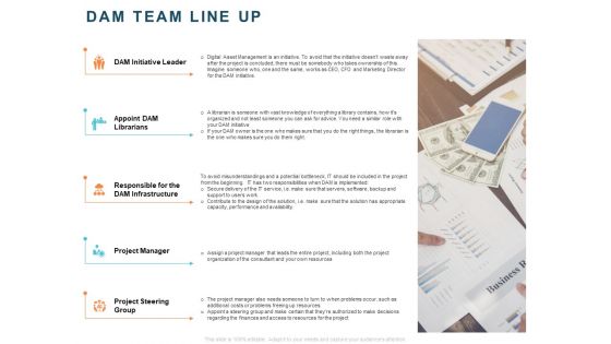 Implementing Digital Asset Management Dam Team Line Up Ppt Show Example Topics PDF