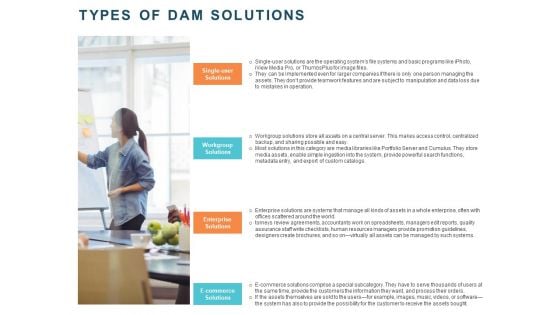 Implementing Digital Asset Management Types Of Dam Solutions Ppt Infographic Template Graphics Pictures PDF