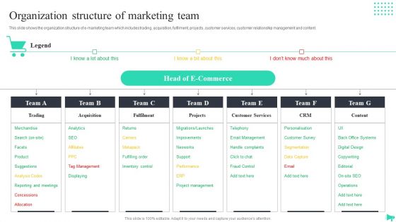 Implementing Ecommerce Marketing Services Plan Organization Structure Of Marketing Team Icons PDF