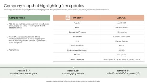 Implementing Effective Strategy Company Snapshot Highlighting Firm Updates Structure PDF Implementing Effective Strategy Company Snapshot Highlighting Firm Updates Structure PDF