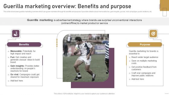 Implementing Experimental Marketing Guerilla Marketing Overview Benefits And Purpose Template PDF