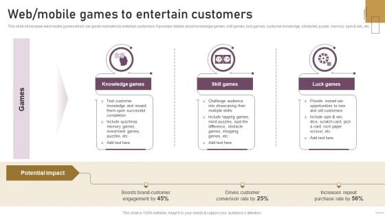 Implementing Experimental Marketing Web Mobile Games To Entertain Customers Demonstration PDF