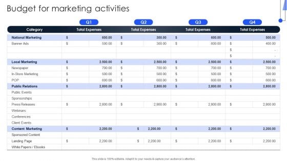 Implementing Marketing Strategies Budget For Marketing Activities Structure PDF