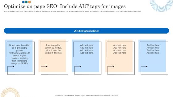 Implementing Marketing Strategies Optimize On Page SEO Include ALT Tags For Images Infographics PDF