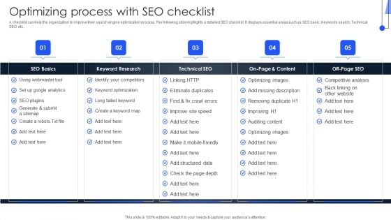 Implementing Marketing Strategies Optimizing Process With SEO Checklist Inspiration PDF