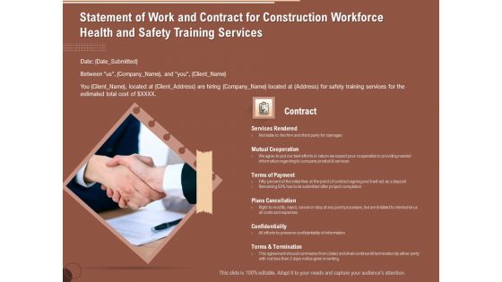 Implementing Safety Construction Statement Of Work And Contract For Construction Workforce Health And Training Information PDF