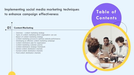 Implementing Social Media Marketing Techniques To Enhance Campaign Effectiveness Table Of Contents Ppt PowerPoint File PDF Implementing Social Media Marketing Techniques To Enhance Campaign Effectiveness Table Of Contents Ppt PowerPoint File PDF
