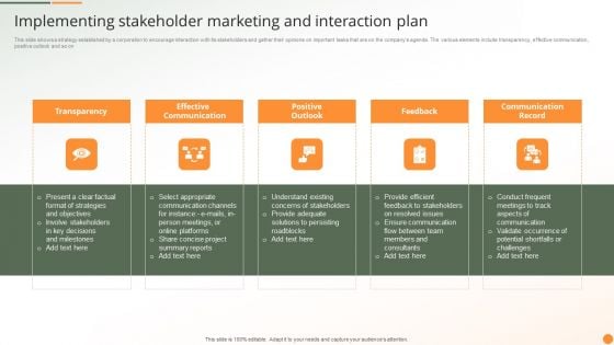Implementing Stakeholder Marketing And Interaction Plan Ppt PowerPoint Presentation Infographic Template Slide PDF Implementing Stakeholder Marketing And Interaction Plan Ppt PowerPoint Presentation Infographic Template Slide PDF