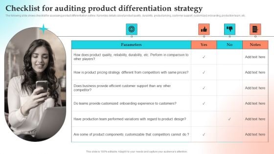 Implementing Strategies To Gain Competitive Advantage Checklist For Auditing Product Differentiation Strategy Template PDF