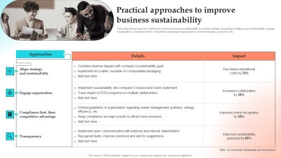 Implementing Strategies To Gain Competitive Advantage Practical Approaches To Improve Business Sustainability Summary PDF