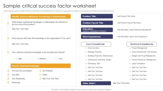 Implementing Succession Planning Sample Critical Success Factor Worksheet Information PDF