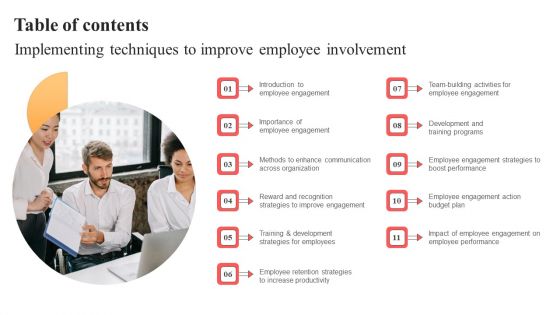 Implementing Techniques To Improve Employee Involvement Table Of Contents Topics PDF