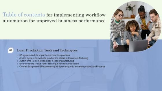 Implementing Workflow Automation For Improved Business Performance Table Of Contents Graphics PDF