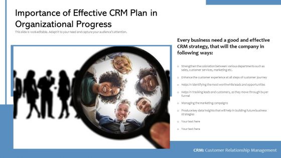 Importance Of Effective CRM Plan In Organizational Progress Ppt PowerPoint Presentation Infographic Template Gallery PDF