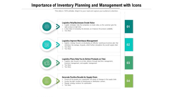 Importance Of Inventory Planning And Management With Icons Ppt PowerPoint Presentation Slides Objects PDF