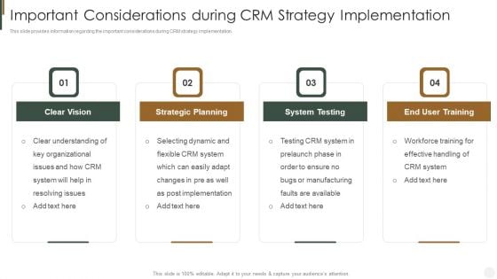 Important Considerations During CRM Strategy Implementation Strategies To Improve Customer Diagrams PDF