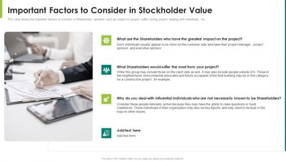 Important Factors To Consider In Stockholder Value Ppt Inspiration Outline PDF