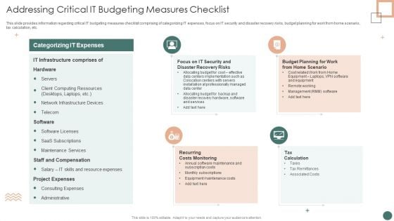 Improved Digital Expenditure Addressing Critical IT Budgeting Measures Checklist Diagrams PDF