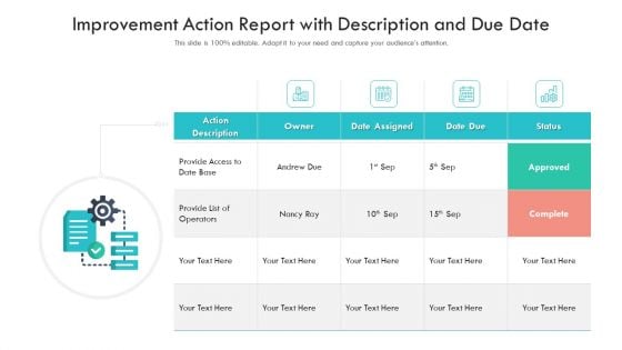 Improvement Action Report With Description And Due Date Ppt PowerPoint Presentation Ideas Designs Download PDF